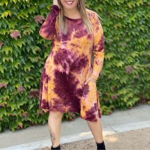 NWT Emerald Gold & Crimson Long Sleeve Tie Dye Tunic Dress with Pockets Small